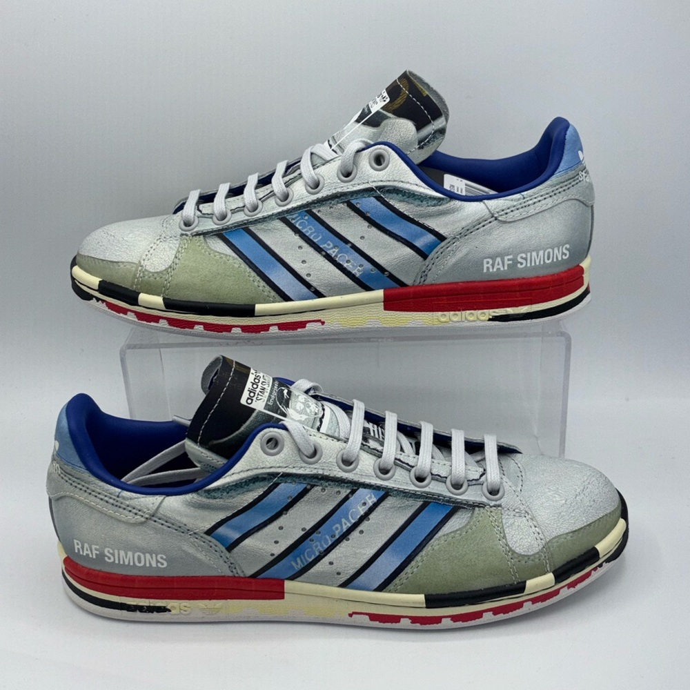 Raf Simons x Adidas Silver and Blue Sneakers